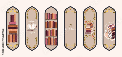 Art Nouveau Bookmarks. Set of paper bookmark templates for book lovers. Vertical postcards. Vector.