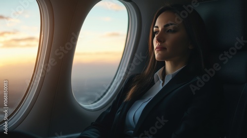 A contemplative woman gazes out of an airplane window, bathed in the warm glow of sunset, suggesting travel and introspection.