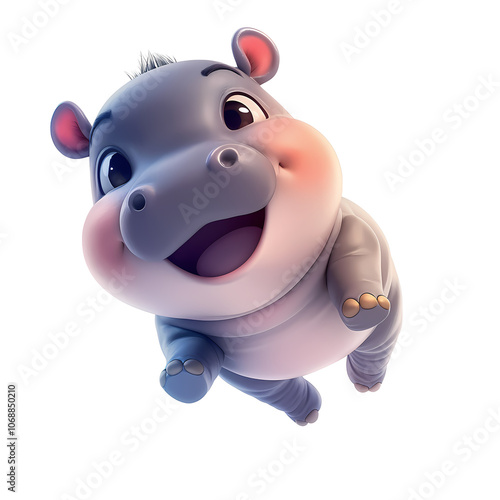 Cute fat hippopotamus bouncing and floating, 3D cartoon. PNG transparent.