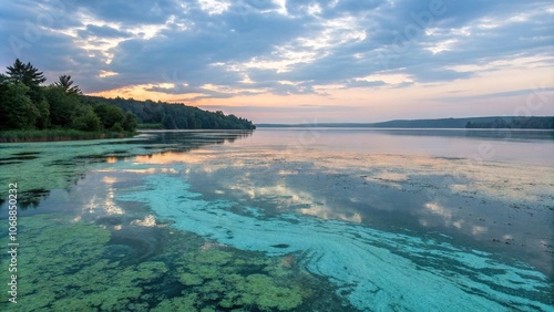 Fototapeta Naklejka Na Ścianę i Meble -  Softly glowing blue-green algae blooms on the surface of a serene lake at dawn, water surface, peaceful landscape, calm scene, watercolor stains, bioluminescence