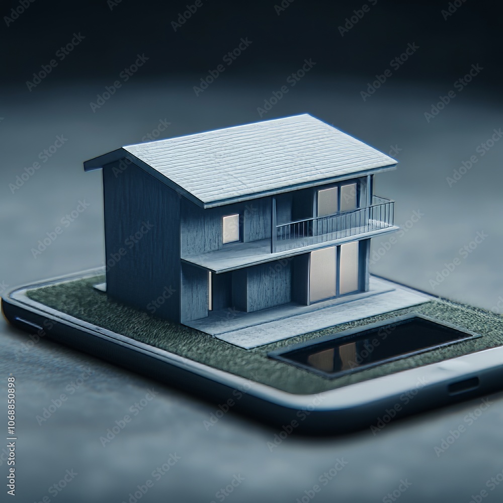 Miniature house on a smartphone, representing the digital real estate market. Miniature house on a smartphone, representing the digital real estate market.