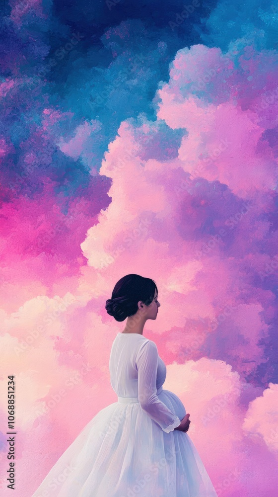 Pregnant Woman Embraces Serenity Under Colorful Clouds Pregnant Woman Embraces Serenity Under Colorful Clouds