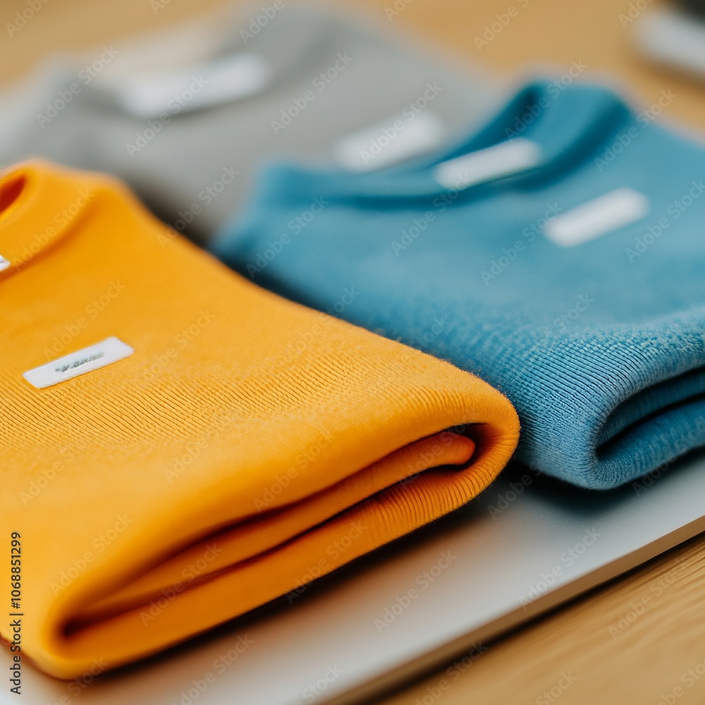Three folded t-shirts in yellow, blue, and gray on a white surface. Three folded t-shirts in yellow, blue, and gray on a white surface.