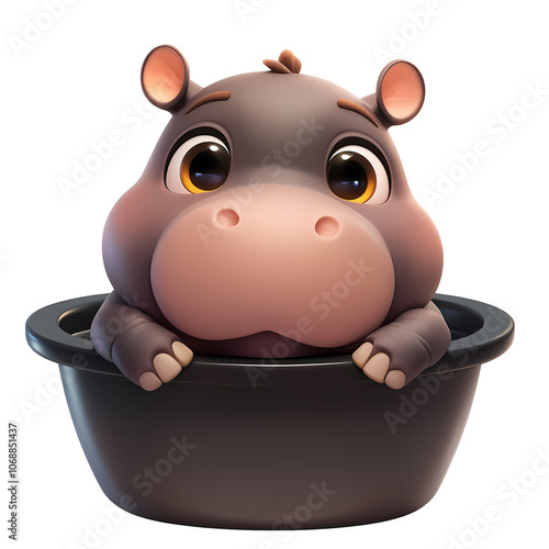 Cute baby hippopotamus sitting in a basin of water, 3D cartoon. PNG transparent.