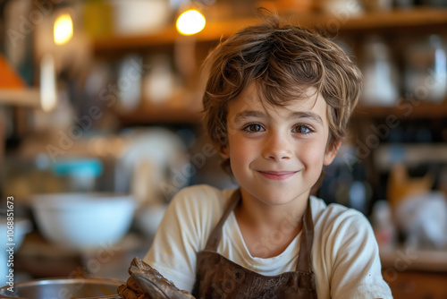 A young boy smiles warmly while wearing an apron in a cozy workshop setting. The background is softly blurred, creating a focus on his cheerful expression and the rustic ambiance.
