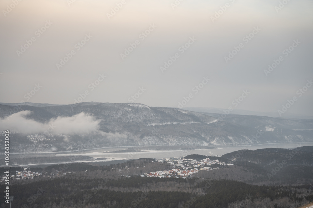 Fototapeta premium Enisey river in winter with frozen trees
