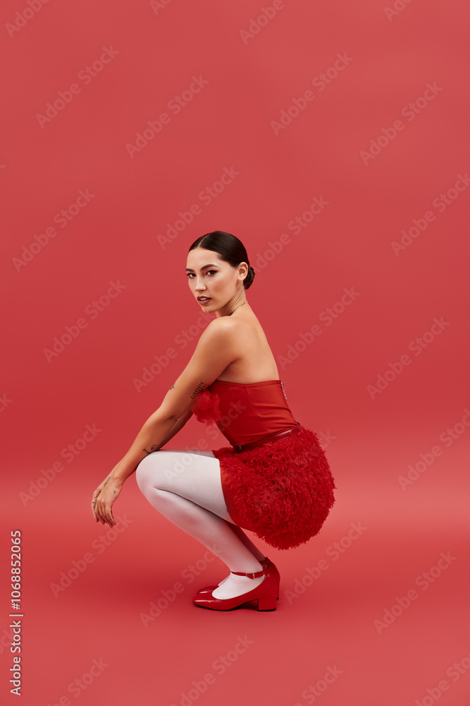 The young woman captures attention with her elegant squat, radiating confidence and style. The young woman captures attention with her elegant squat, radiating confidence and style.