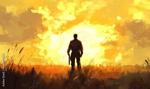 Silhouette of man with gun in sunset.