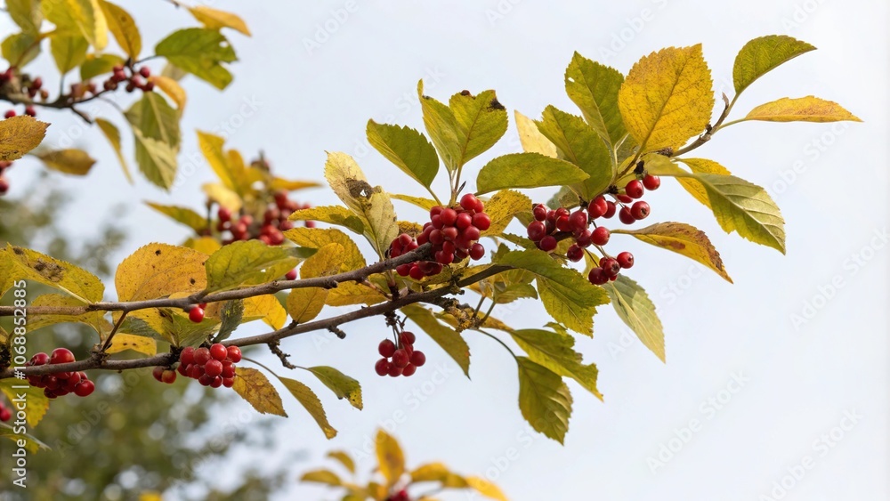 Deciduous tree branch with berries and yellowish green leaves, flowering branches, small tree branches, small leaves, tilia cordata, fall foliage