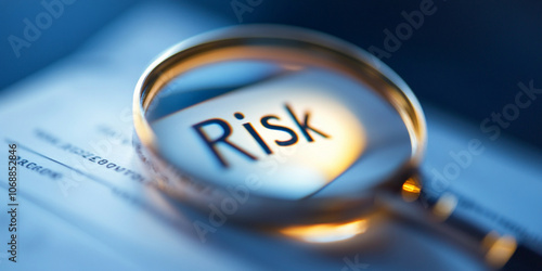 focused shot of magnifying glass highlighting word Risk on document, symbolizing analysis and scrutiny in decision making