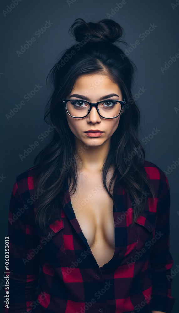 Portrait of a young woman in a bright red checkered shirt on a dark background. Young beautiful woman in glasses. Stylish portrait. Portrait of a young woman in a bright red checkered shirt on a dark background. Young beautiful woman in glasses. Stylish portrait.