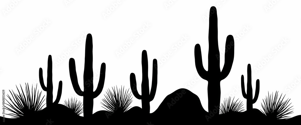 Fototapeta premium Silhouette of cacti and desert plants against a white background