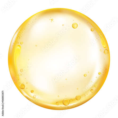 Oil texture isolated on white background,Golden Yellow Gel Drop with air bubble, Gold clear serum makeup primer,Collagen gel element for Cosmetic product, skin care,Lotion essence droplet