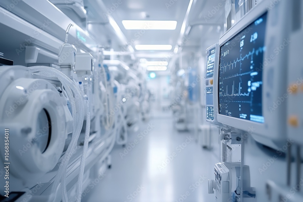 Fototapeta premium Advanced medical equipment in a sterile hospital corridor during a busy morning shift