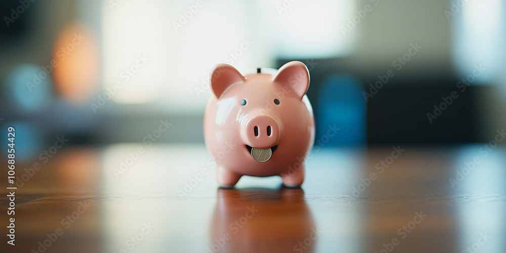 Close up of piggy bank with coin halfway dropped in, symbolizing saving and financial planning. cheerful expression adds playful touch to concept of saving money Close up of piggy bank with coin halfway dropped in, symbolizing saving and financial planning. cheerful expression adds playful touch to concept of saving money