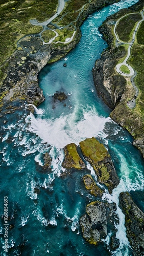 A Magnificent Aerial View of an Icelandic Waterfall, Goðafoss