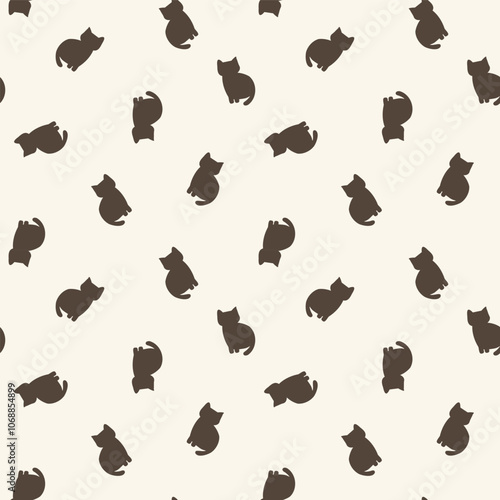 Sitting cat neutral seamless vector pattern background. Backdrop with silhouettes of cats in a scattered layout. Ecru beige animal repeat for feline kitty and pet products or blog. All over print.