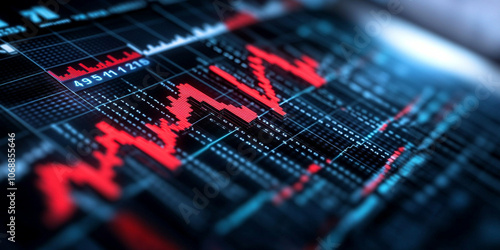 Stock market monitor displaying volatile trends with red fluctuations, showcasing data analysis and financial metrics in digital format