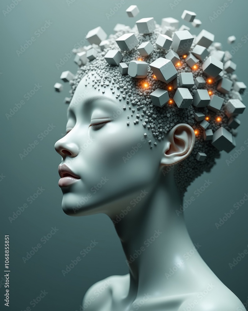A surreal depiction of a futuristic human with cubes and glowing elements emerging from the head, symbolizing digital transformation. A surreal depiction of a futuristic human with cubes and glowing elements emerging from the head, symbolizing digital transformation.