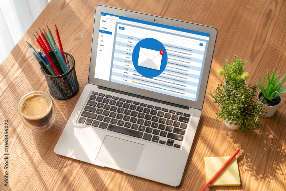 Fototapeta premium Email notification message showing on computer screen snugly. Digital marketing message information text from business to customer client