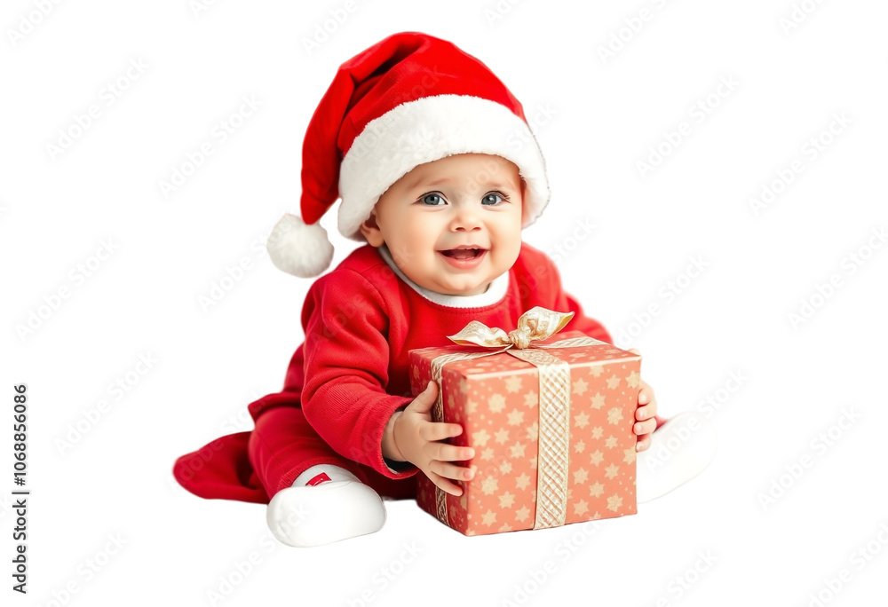 Adorable Baby in Santa Hat and Red Christmas Outfit Holding Gift Box on White Background. Transparent PNG. Adorable Baby in Santa Hat and Red Christmas Outfit Holding Gift Box on White Background. Transparent PNG.