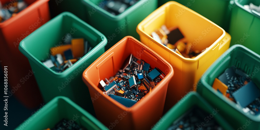 Colorful bins filled with electronic waste, showcasing recycling efforts and environmental responsibility. Each bin represents different type of waste, promoting sustainability Colorful bins filled with electronic waste, showcasing recycling efforts and environmental responsibility. Each bin represents different type of waste, promoting sustainability