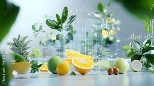Fototapeta Naklejka Na Ścianę i Meble -  Fresh fruits and plants with digital yield analysis visualization