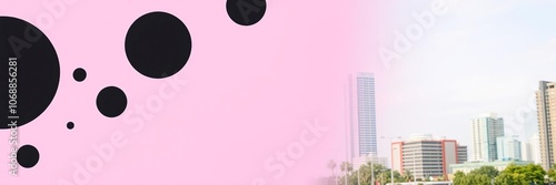 Pink and black abstract shapes against urban backdrop, pink graffiti, geometric pattern, cityscape