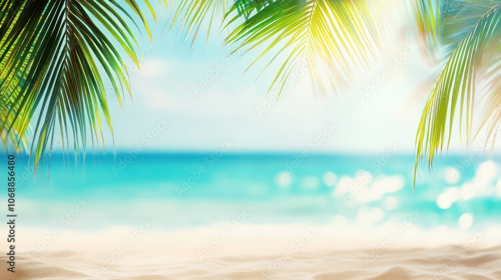 Tropical Beach View with Palm Leaves Tropical Beach View with Palm Leaves