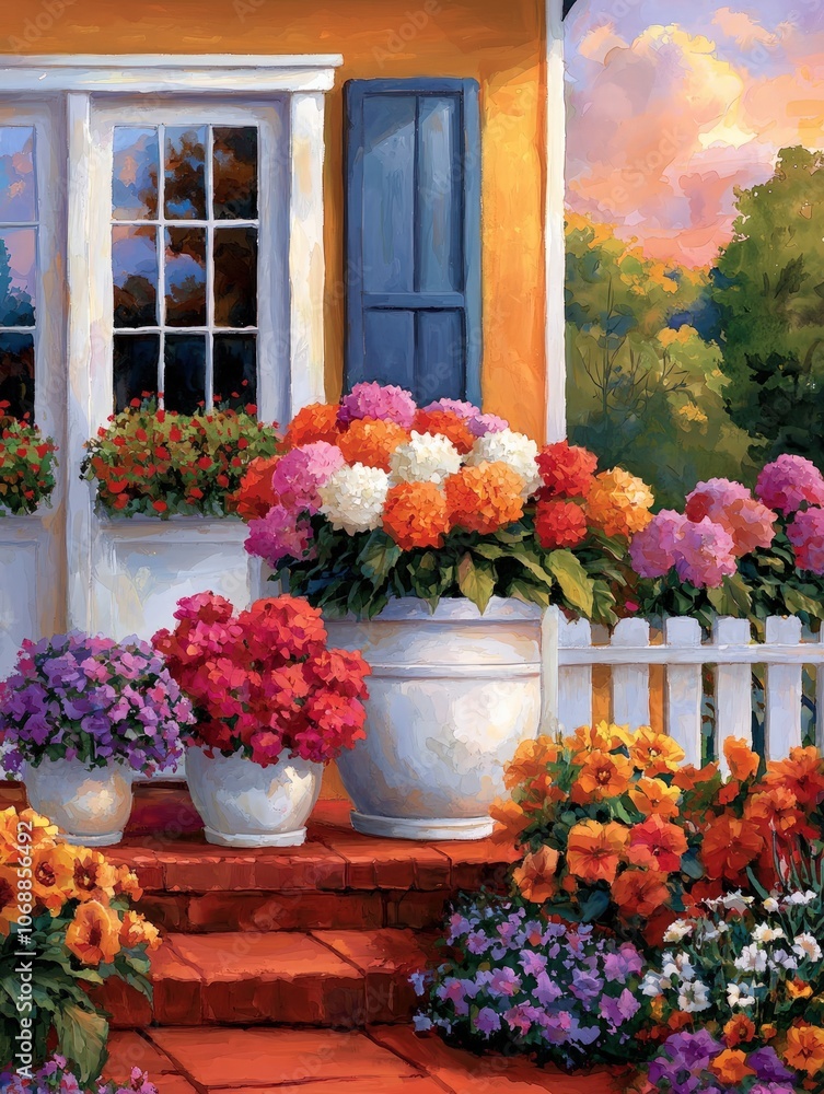 Fototapeta premium Colorful Flower Pots Brighten Up a Charming Home Entrance