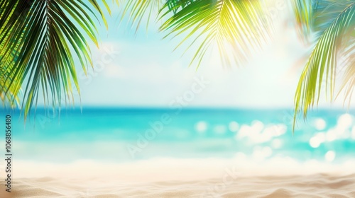 Tropical Beach View with Palm Leaves