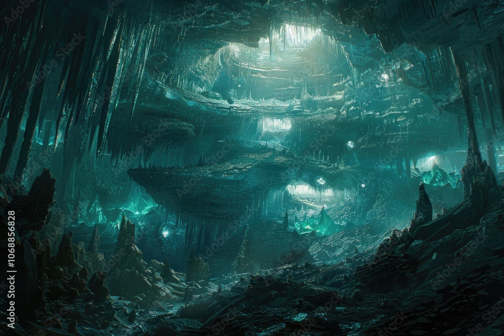A Mystical Cave Interior With Glowing Crystals and Icicle Formations A Mystical Cave Interior With Glowing Crystals and Icicle Formations