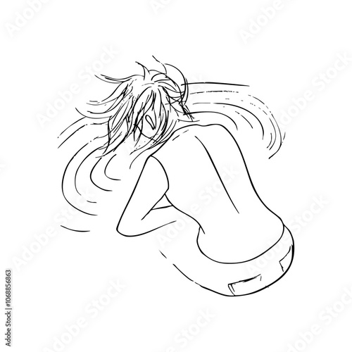 woman sitting with her back bent over water with circles on the surface - hand drawn line art sketch