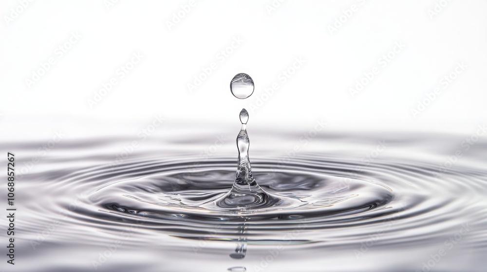 Water drop creating ripples on a calm surface, white isolate background. Water drop creating ripples on a calm surface, white isolate background.