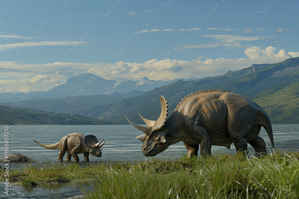 Fototapeta premium Une femelle Tricératops et son bébé près d'un lac