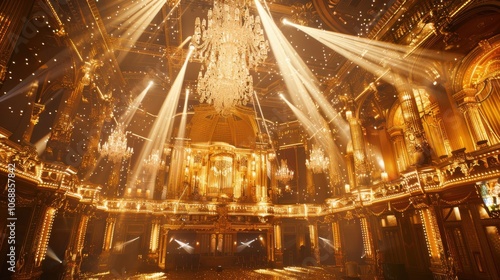 A grand gold stage adorned with shimmering light effects and luxurious decor