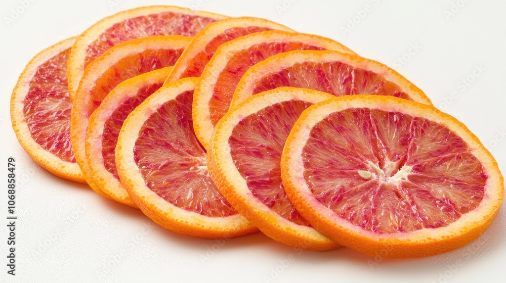 Thin, perfectly round orange slices spread out on a white surface, creating a refreshing and vibrant citrus decoration Thin, perfectly round orange slices spread out on a white surface, creating a refreshing and vibrant citrus decoration