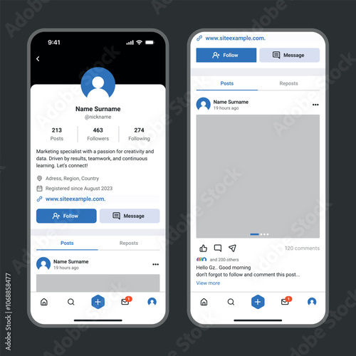 Social Media Profile Mockup: Profile Page and Post Template