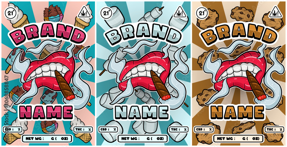 Set of Cartoon Smoking Mouth with Ice Cream, Marshmallow, Cookies Strains and Smoke. Set of Cartoon Smoking Mouth with Ice Cream, Marshmallow, Cookies Strains and Smoke.