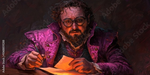 A Scholar Analyzes Ancient Manuscripts in a Dimly Lit Room