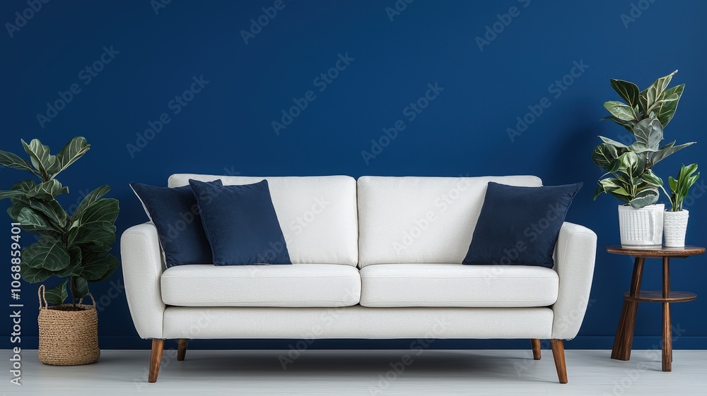 A modern, minimalist living room features a light-colored sofa with navy cushions against a bold blue wall, complemented by potted plants and a small side table. A modern, minimalist living room features a light-colored sofa with navy cushions against a bold blue wall, complemented by potted plants and a small side table.