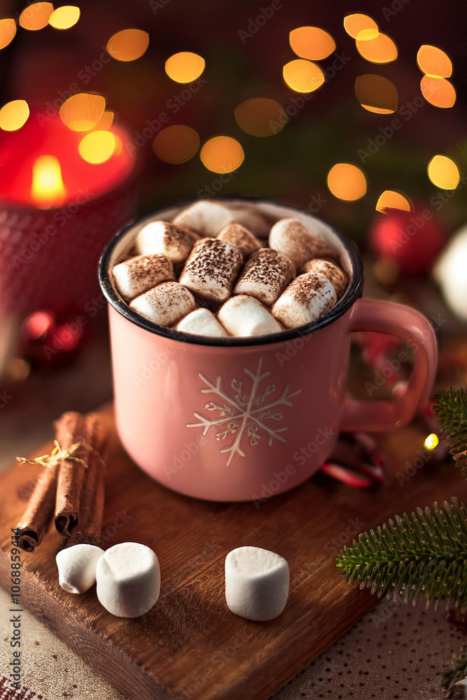 A beige mug of cocoa with marshmallows on a background of a Christmas tree and lights. Coffee with marshmallows. Winter warming drink. A beige mug of cocoa with marshmallows on a background of a Christmas tree and lights. Coffee with marshmallows. Winter warming drink.