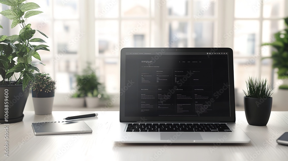 Laptop on desk with UI design on screen, plants around Laptop on desk with UI design on screen, plants around