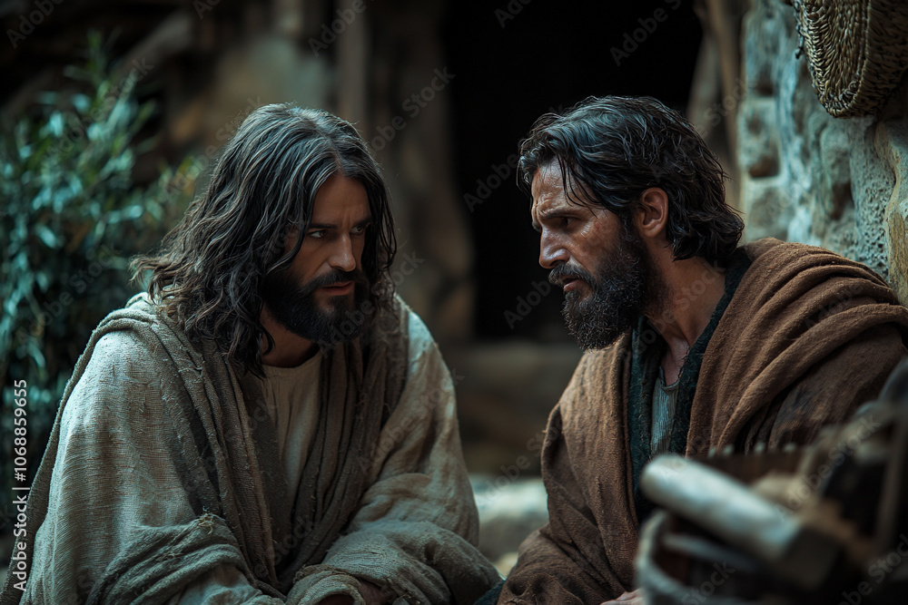 Naklejka premium Depiction of Jesus appearing to Peter after the resurrection, capturing a moment of forgiveness, redemption, and renewed purpose.