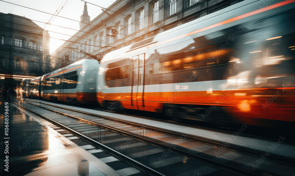 Fototapeta premium Urban Speed: Blurred Motion of City Train