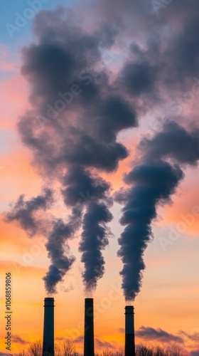 Three smokestacks releasing smoke against colorful sunset sky, environmental impact concept