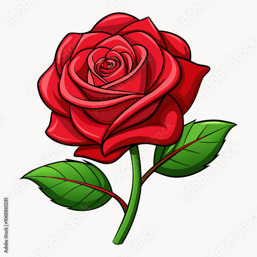 Vector illustration of a vibrant, beautiful red rose with lush green leaves for a tattoo. Realistic high-quality classic rose outline and icon.