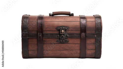 A vintage wooden chest featuring intricate metal fittings and a rounded top, isolated on a white background, transparent background.