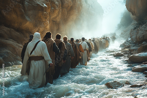 A large group of Israelites walking through the rushing waters of the Jordan River, symbolizing faith and the journey to the Promised Land.