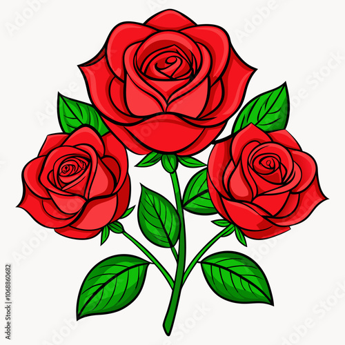 Vibrant vector illustration of three beautiful red roses with lush green leaves, designed for a tattoo. It features a high-quality, realistic classic rose outline and icon set.